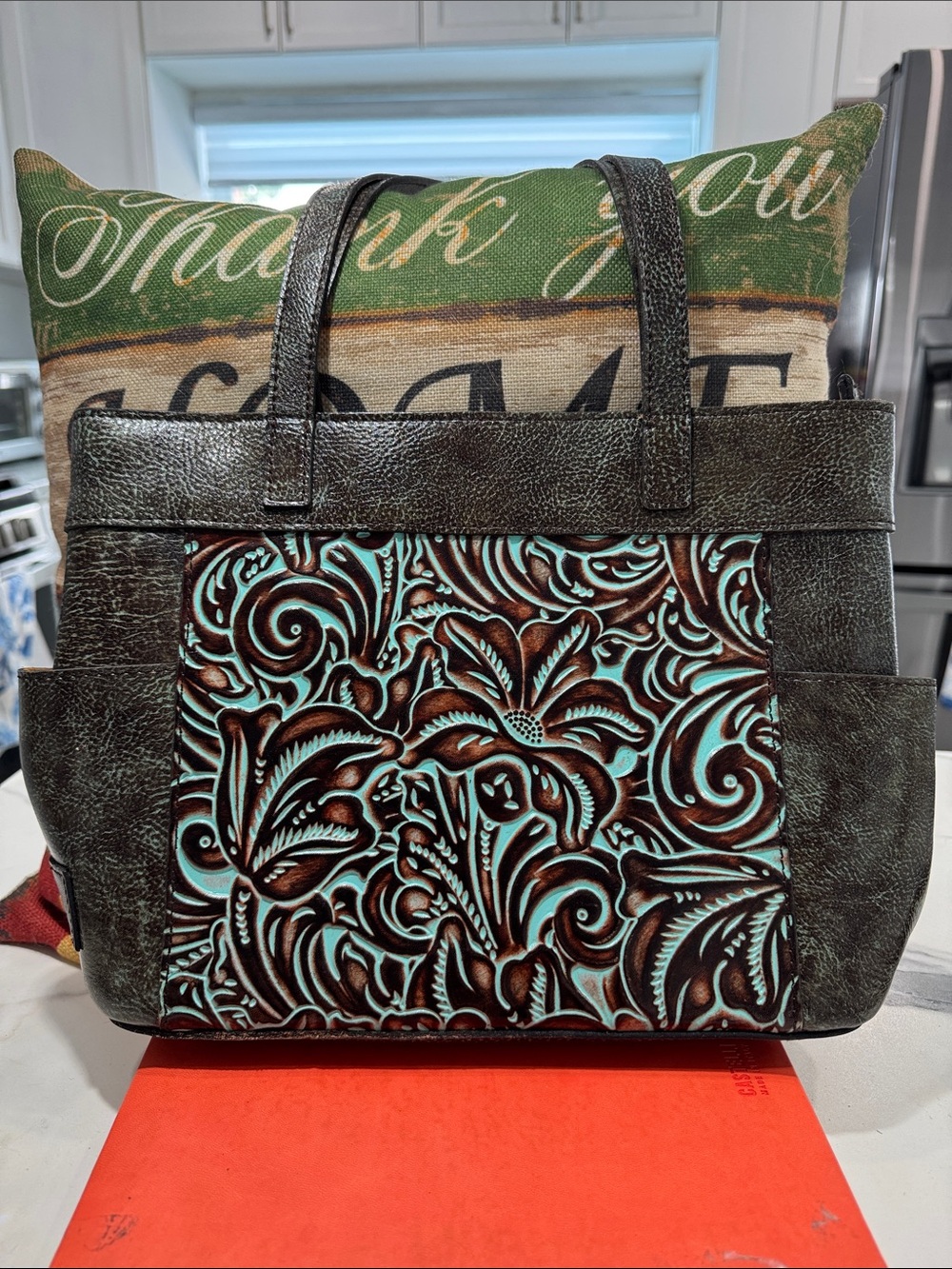 Patricia Nash Turquoise & Dark Brown Embossed Floral Tote ( leather 100 % )